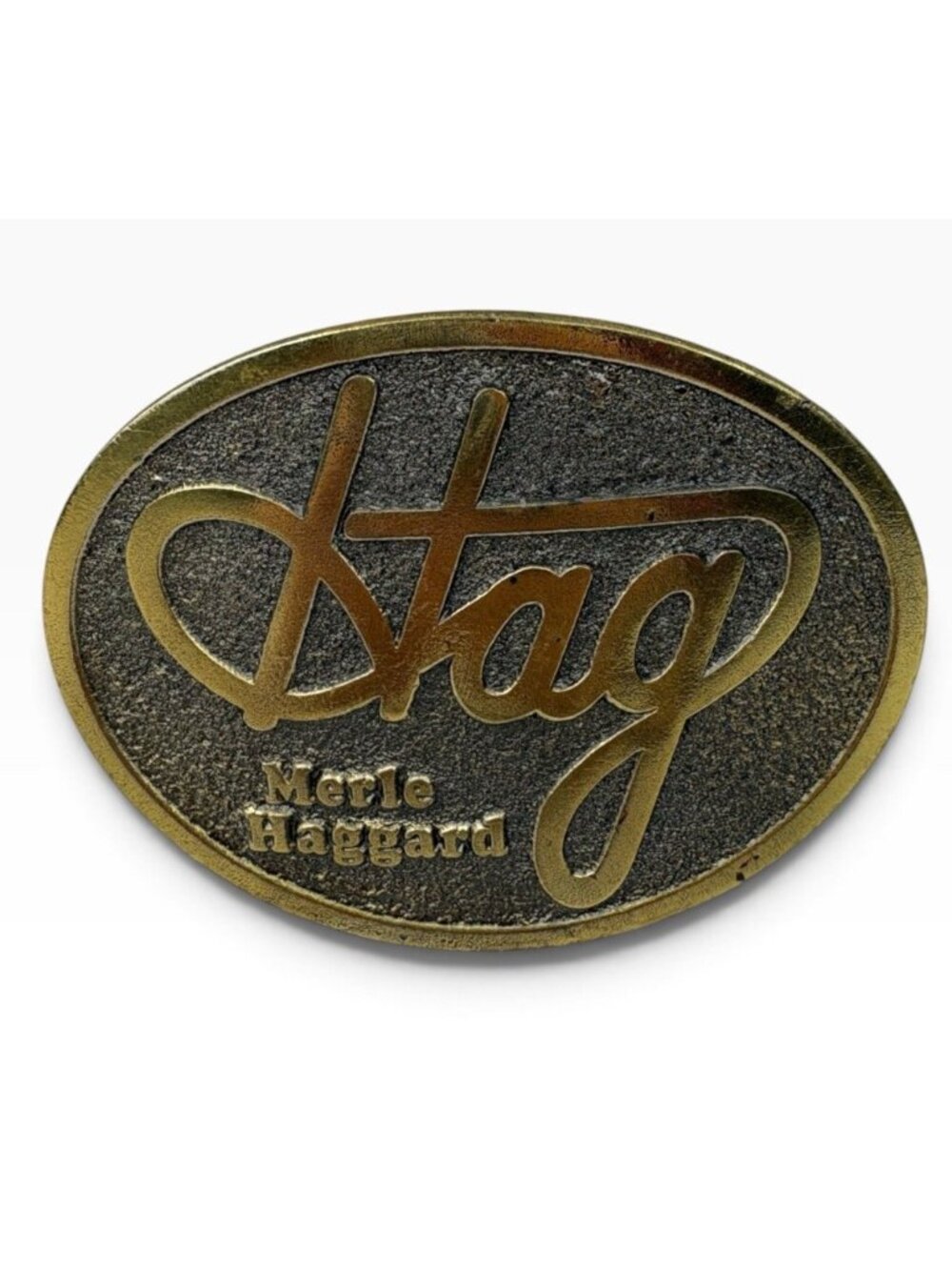 -Merle Haggard Belt Buckle Oval Gold Brass Tone Country Music Legend Western
